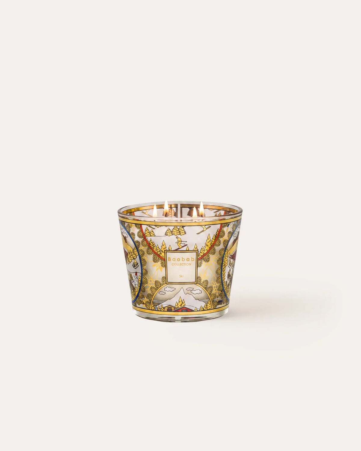 Bougie parfumée Ski Baobab Collection format Classique MAX 10, décor sérigraphié or et couleurs vives
