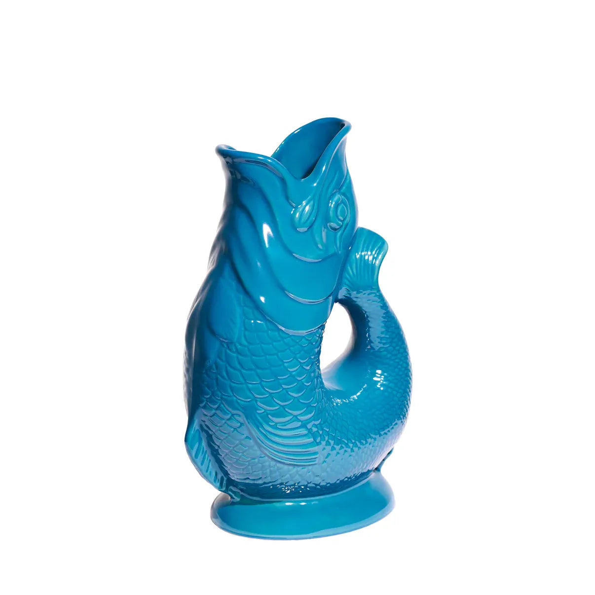 Carafe poisson Glouglou bleu pétrole finition brillante vue de profil