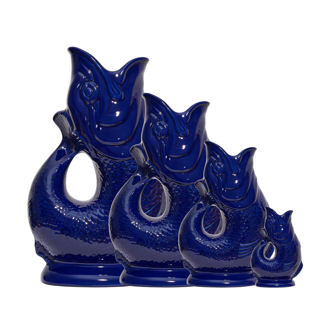 Collection de carafes poisson Glouglou Cobalt en tailles mini, medium, L et XL