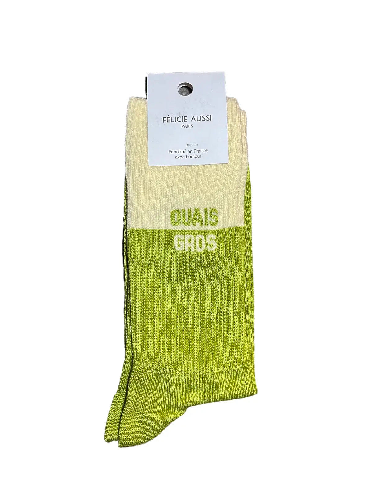 Chaussettes bicolores Félicie aussi Vert citron et Crème avec message Ouais Gros  . Pointure homme 40/45