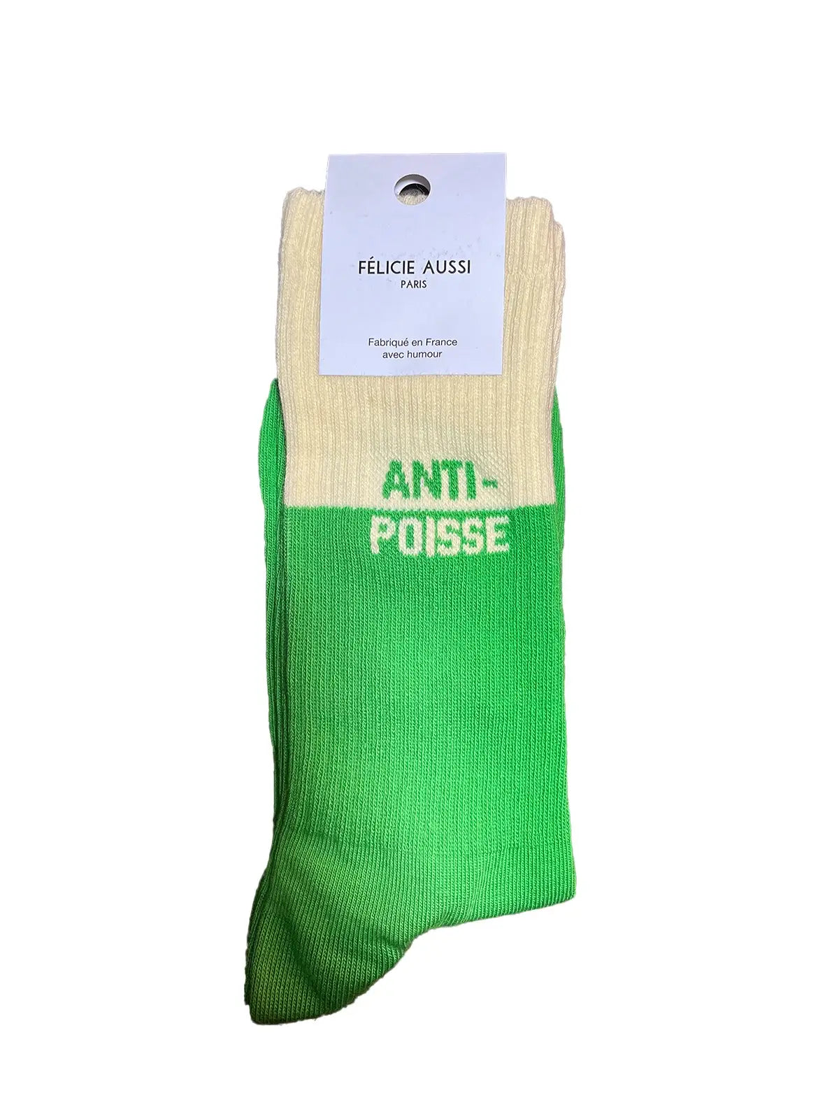 Chaussettes bicolores Félicie aussi avec message Anti-Poisse, Anti  écrit en vert sur crème et poisse en crème sur vert. Pointure homme 40/45