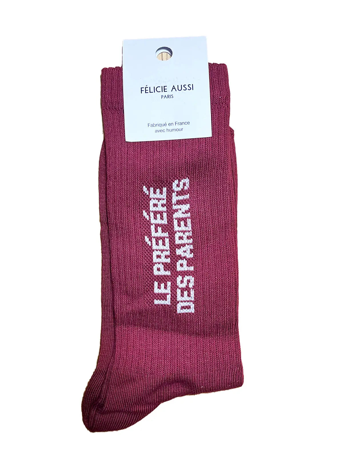 Chaussettes Félicie aussi Bordeau avec message Le Préféré Des Parents écrit en blanc. Pointure homme 40/45