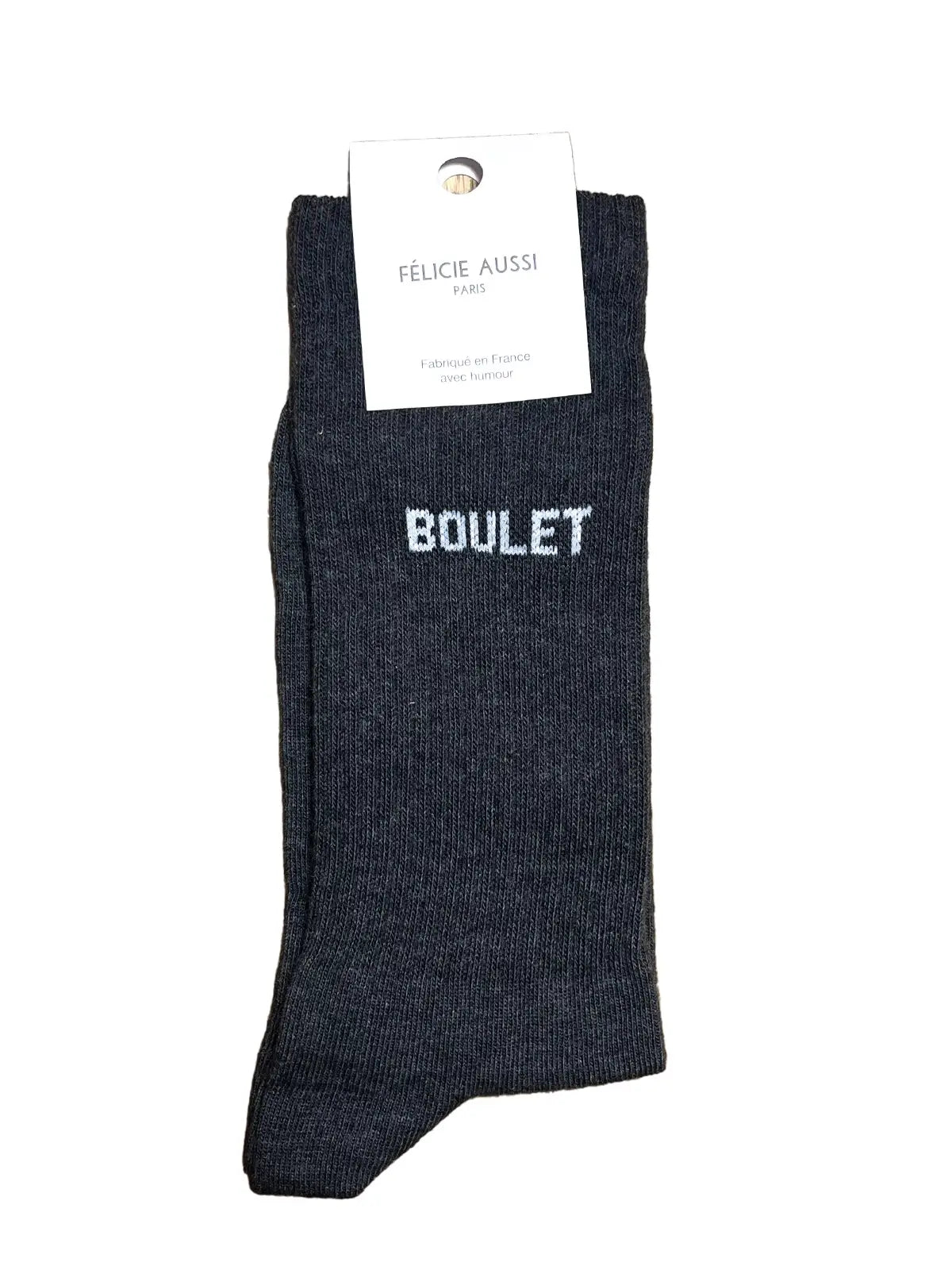 Chaussettes Félicie aussi gris anthracite avec message Boulet  écrit en blanc. Pointure homme 40/45