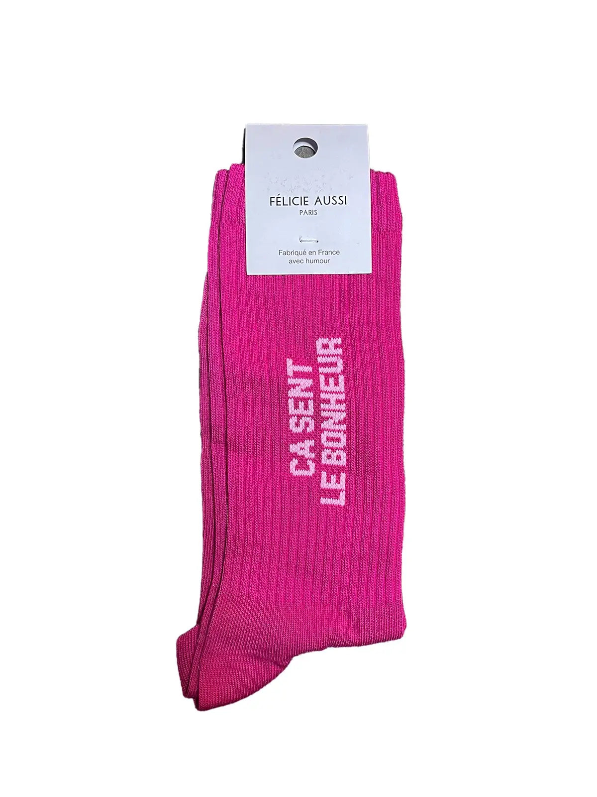Chaussettes Félicie aussi Fushia avec message "ça sent le bonheur"  écrit en Blanc. Pointure homme 40/45