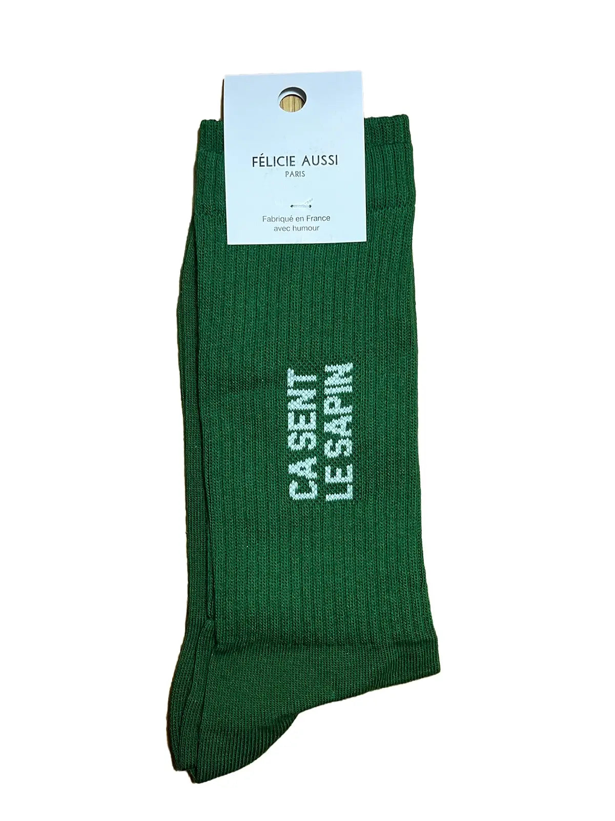 Chaussettes Félicie aussi Vert sapin avec message "ça sent le sapin"  écrit en blanc. Pointure homme 40/45