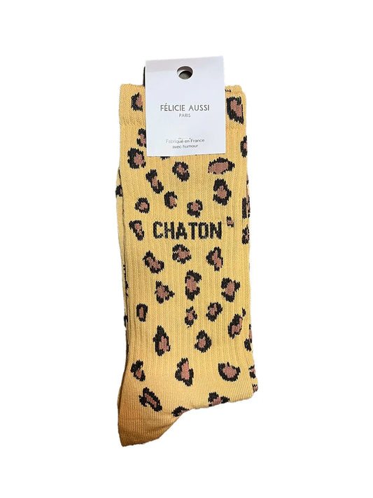 Chaussettes léopard Félicie Aussi en coton avec message « chaton » écrit en noir - homme 40/45