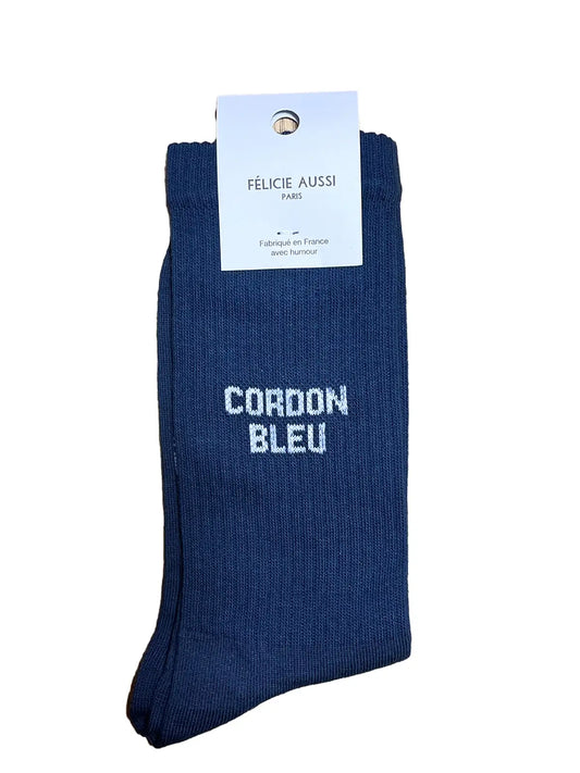 Chaussettes Félicie aussi Bleu avec message Cordon bleu  écrit en blanc. Pointure homme 40/45u