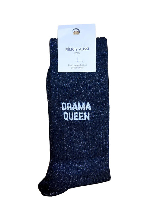 Chaussettes à paillettes Félicie aussi bleu nuit avec message "Drama Queen"  écrit en blanc. Pointure Homme 40-45