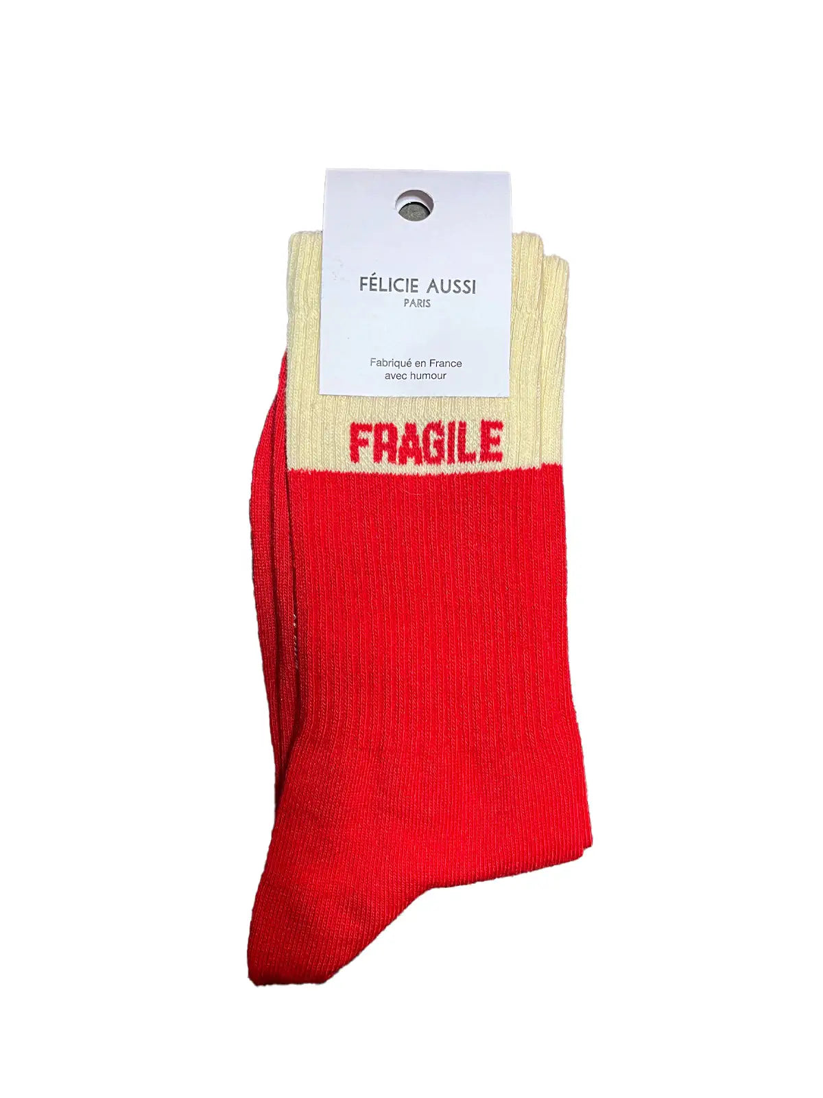 Chaussettes bicolores Félicie aussi Rouge et Crème avec message Fragile  écrit en rouge. Pointure homme 40/45