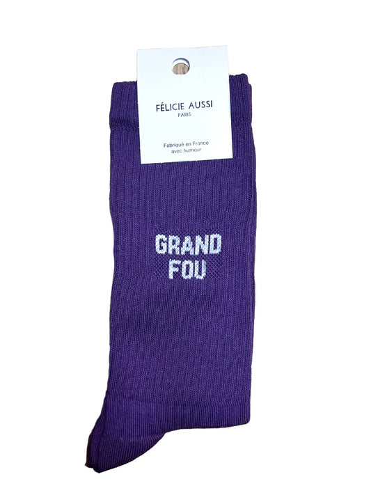 Chaussettes Félicie aussi Violet avec message Grand Fou  écrit en Blanc. Pointure homme 40/45