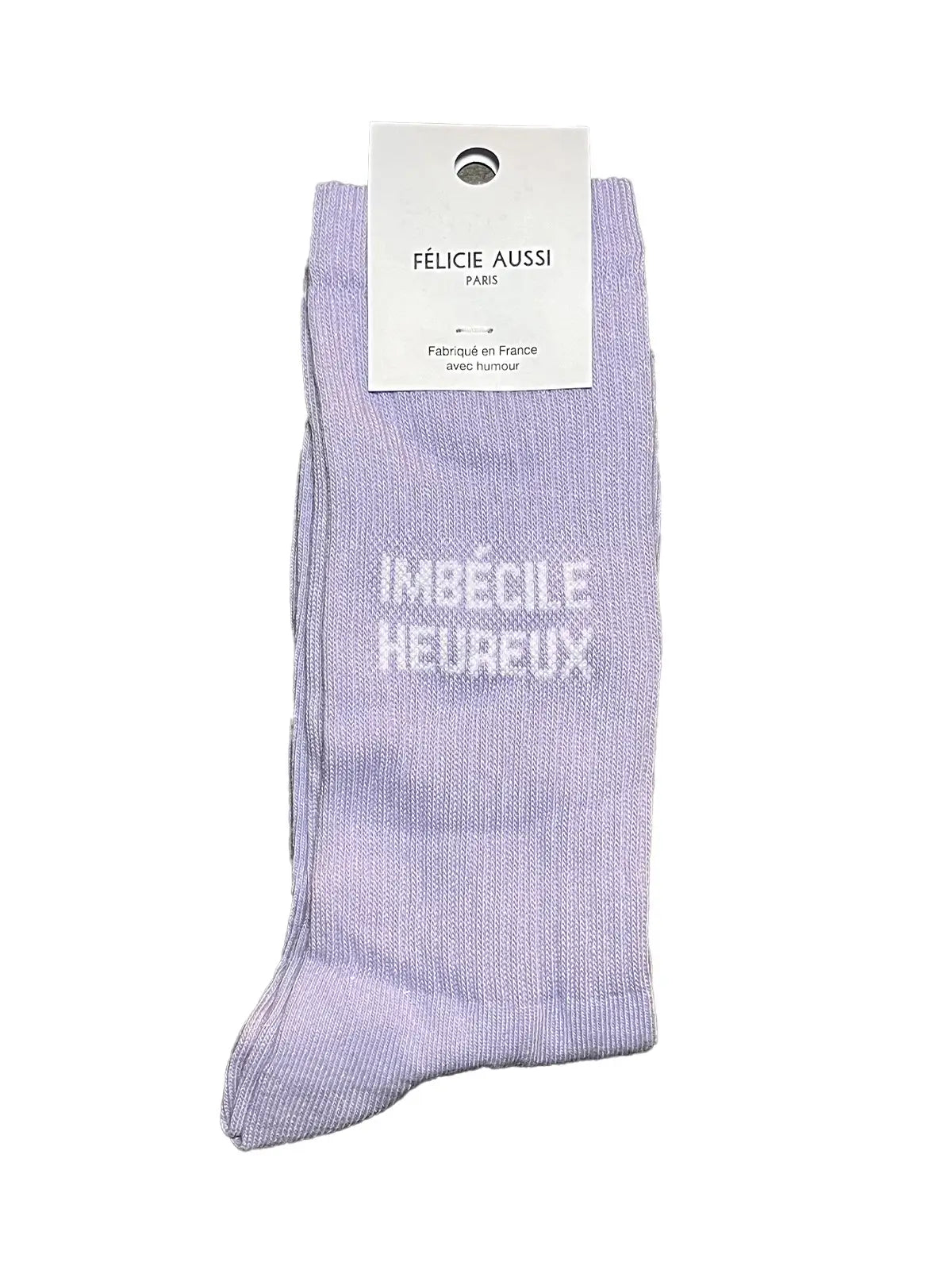 Chaussettes Félicie aussi Lilas avec message Imbécile Heureux  écrit en blanc. Pointure homme 40/45