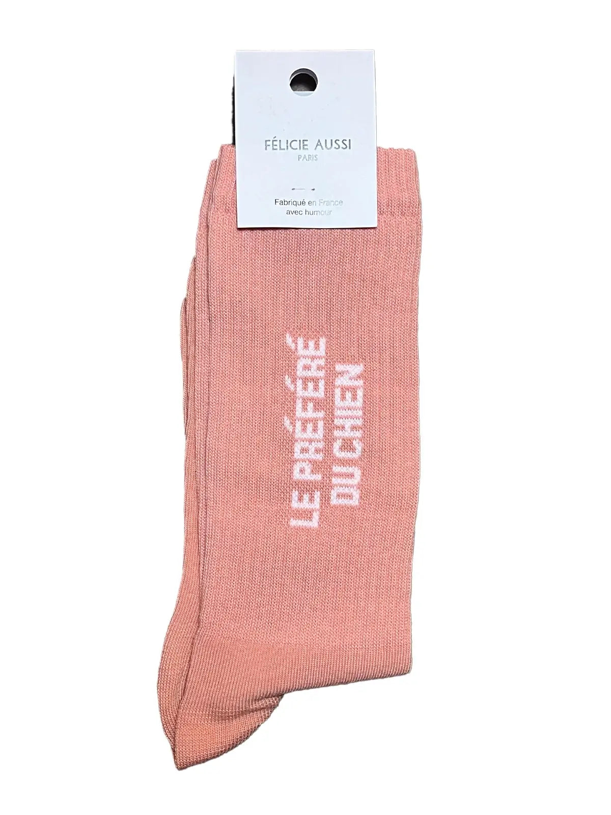 Chaussettes Félicie aussi Rose saumon avec message Le préféré du Chien  écrit en rose. Pointure femme 36/40