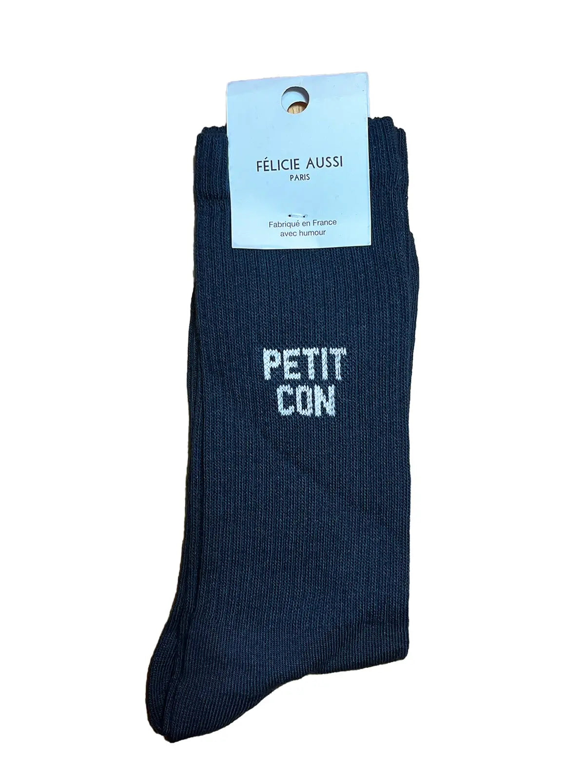 Chaussettes Félicie aussi Bleu nuit avec message Petit Con  écrit en blanc. Pointure homme 40/45