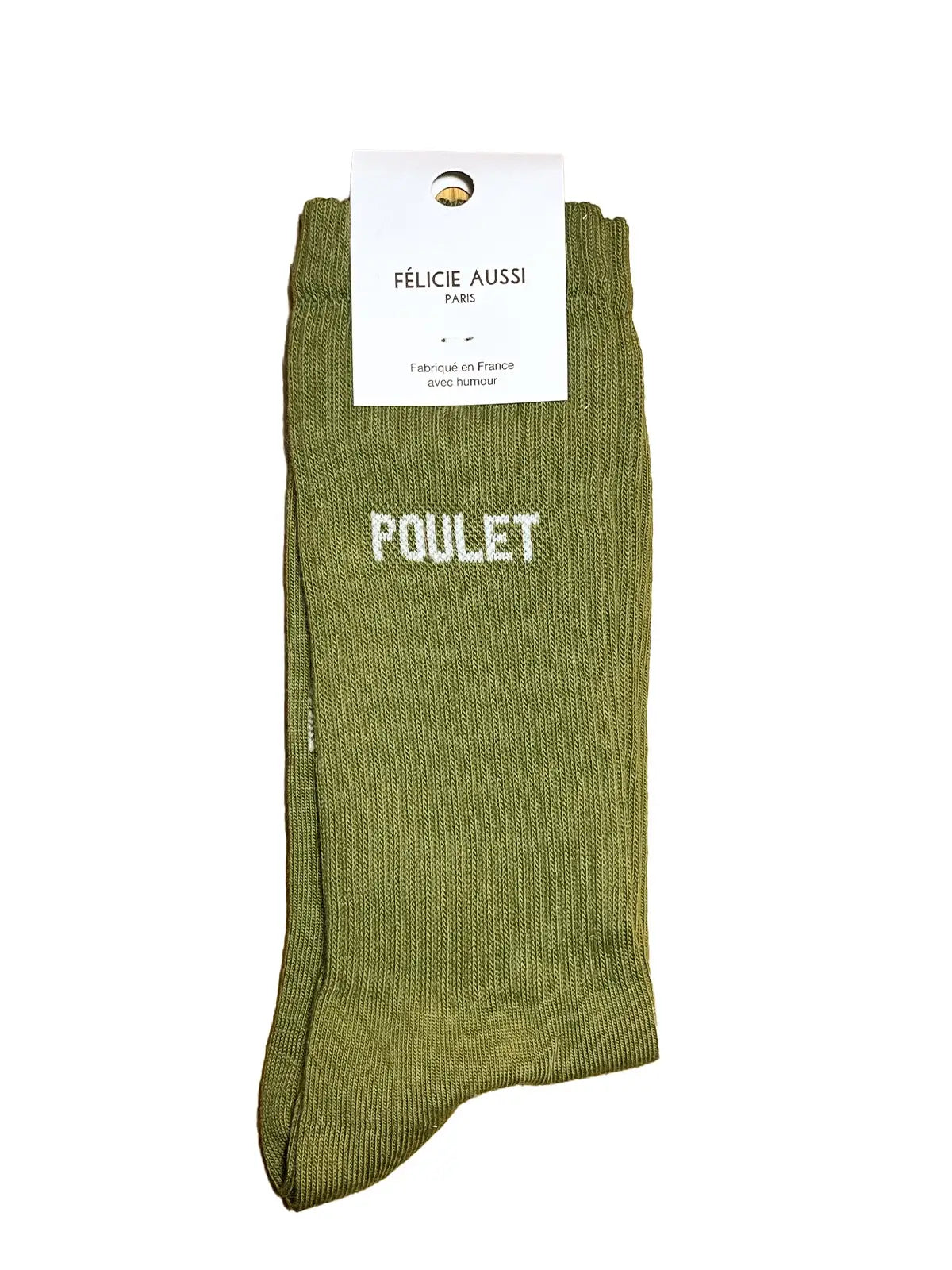 Chaussettes vert kaki Félicie aussi  avec message Poulet  écrit en blanc. Pointure homme 40/45
