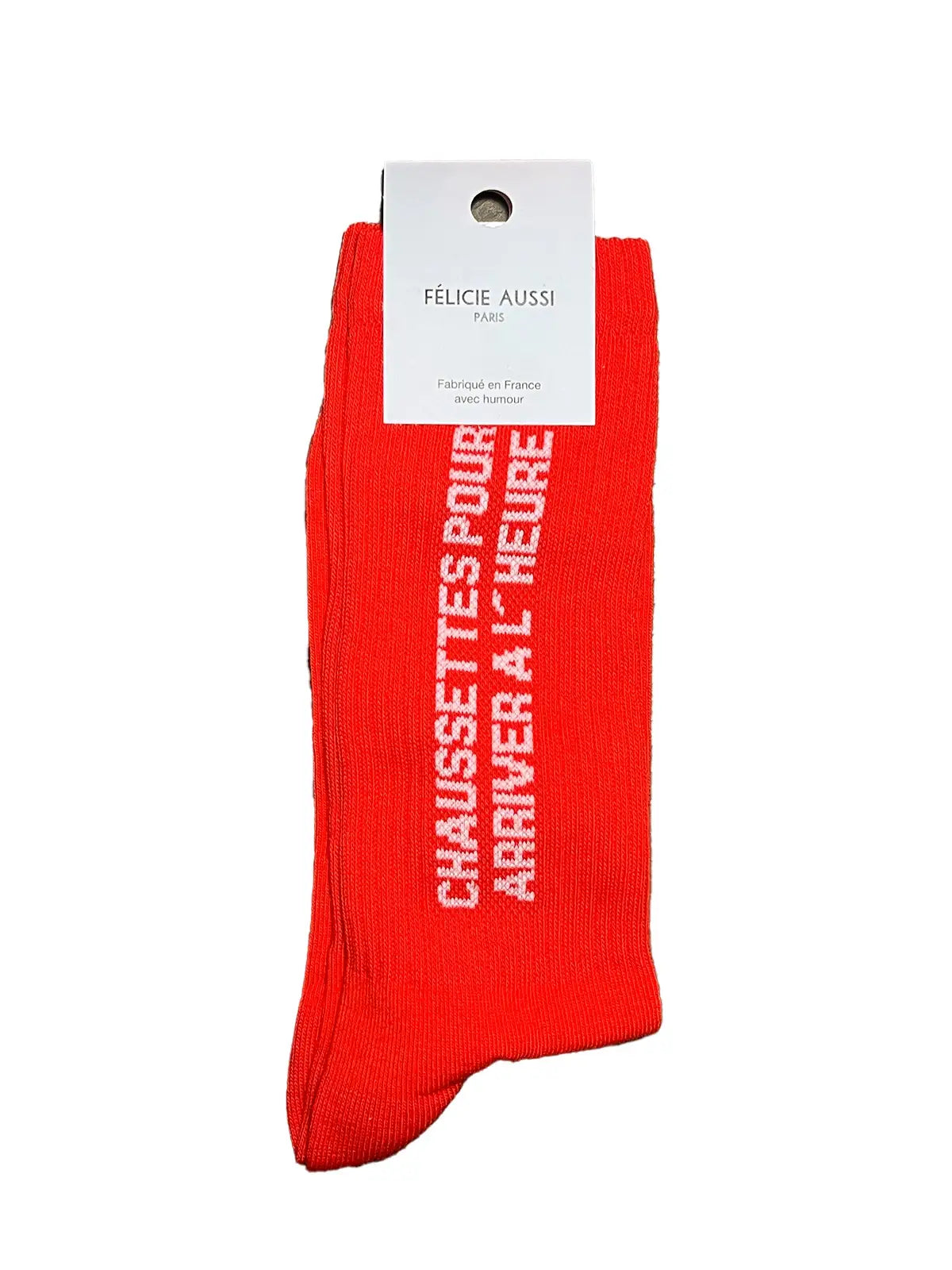 Chaussettes Félicie aussi Rougeorangé avec message Pour arriver à l'heure  écrit en blanc. Pointure homme 40/45