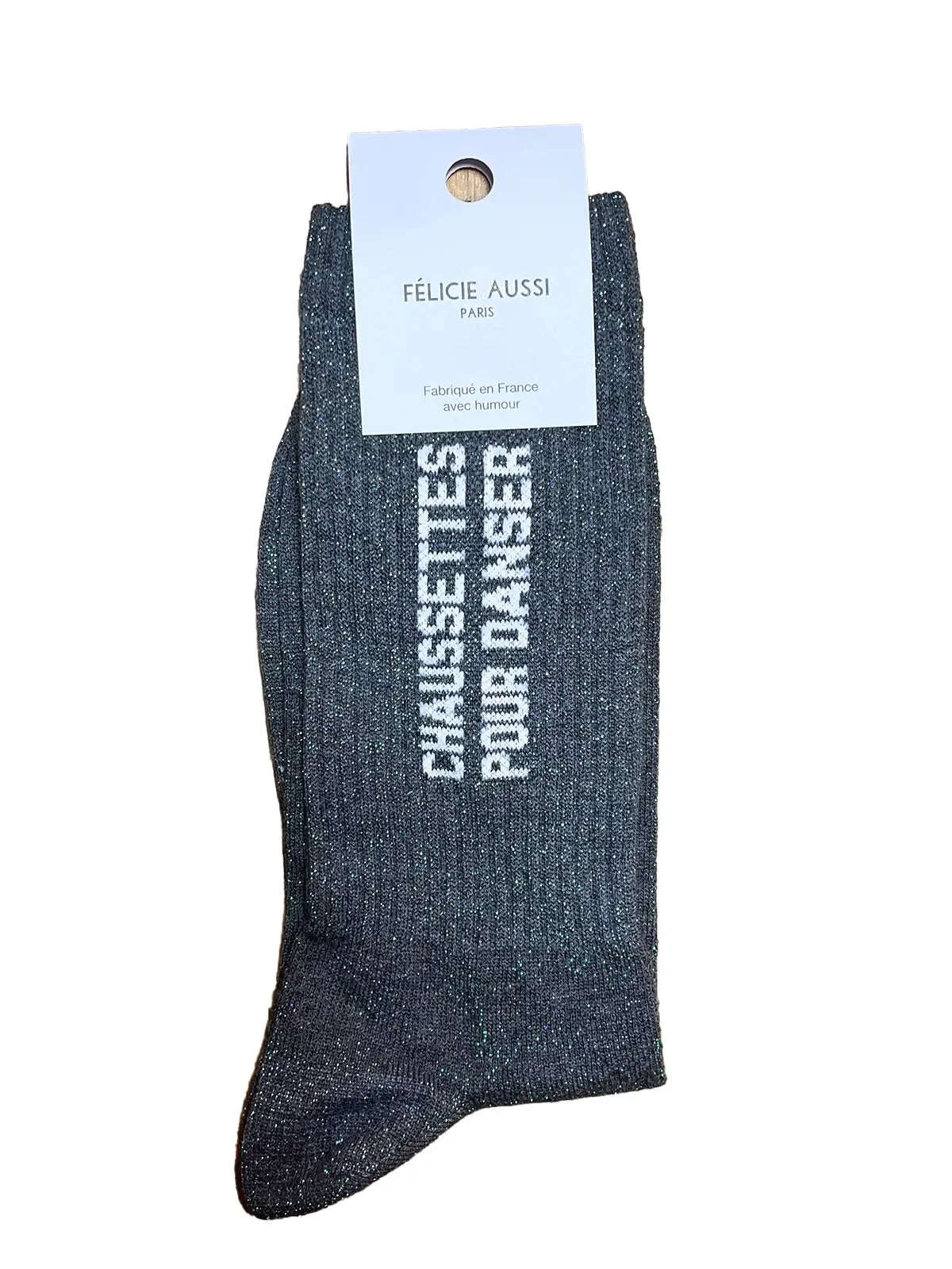 Chaussettes à paillettes Félicie aussi avec message "Pour danser" écrit en blanc. Pointure homme 40-45