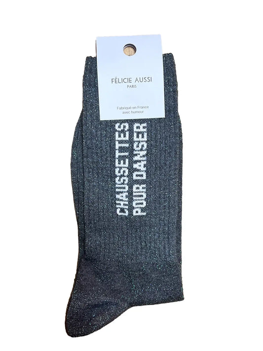 Chaussettes à paillettes Félicie aussi avec message "Pour danser" écrit en blanc. Pointure homme 40-45