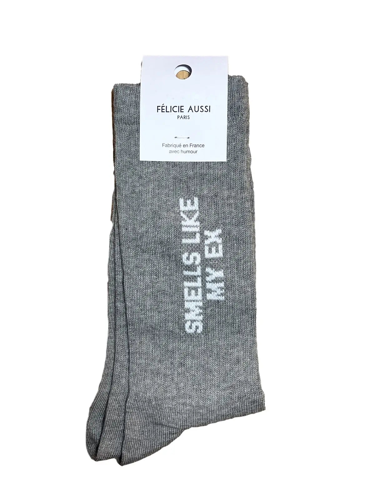 Chaussettes Félicie aussi Gris chiné avec message Smells like my ex écrit en blanc. Pointure homme 40/45
