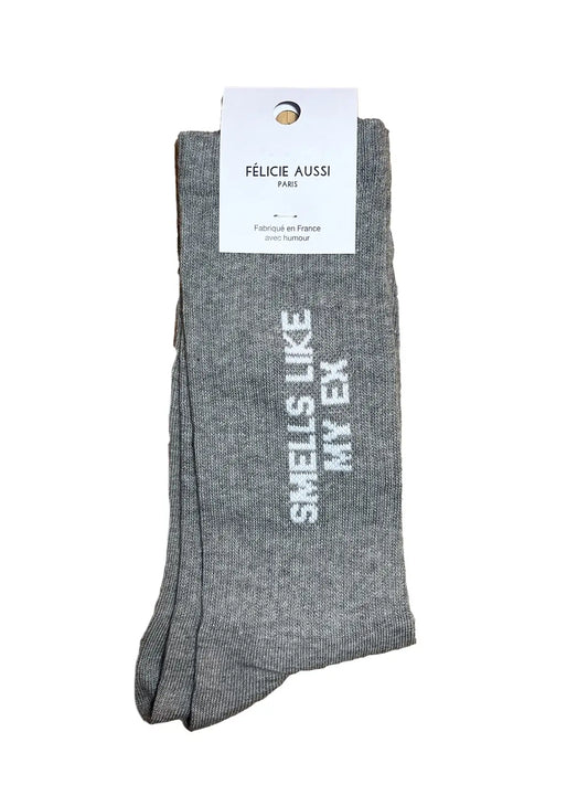 Chaussettes Félicie aussi Gris chiné avec message Smells like my ex écrit en blanc. Pointure homme 40/45
