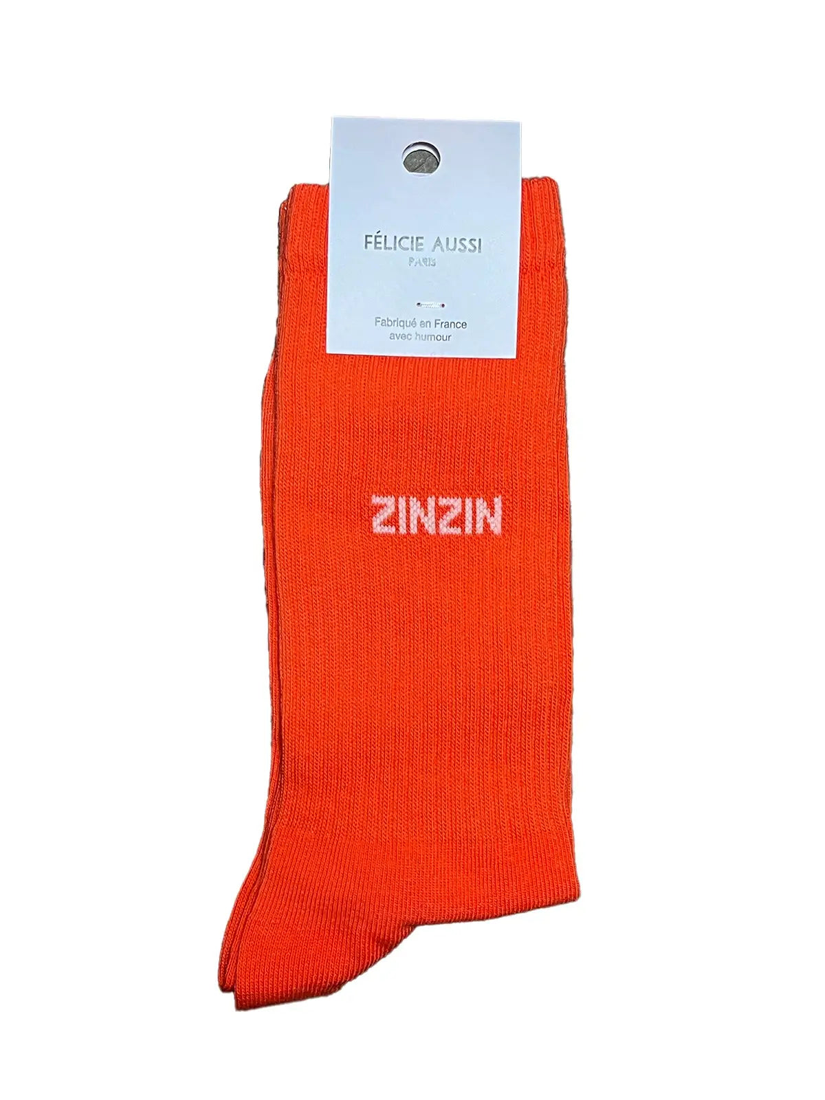 Chaussettes Félicie aussi Orange avec message Zinzin  écrit en Blanc. Pointure homme 40/45