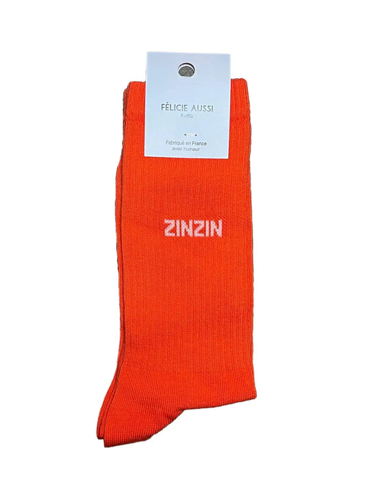 Chaussettes Félicie aussi Orange avec message Zinzin  écrit en Blanc. Pointure homme 40/45