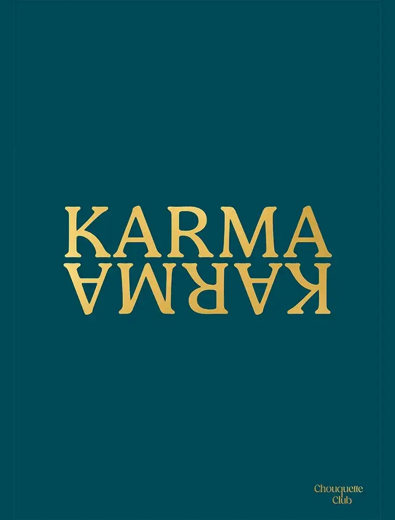 Affiche "Karma", texte doré sur fond bleu canard