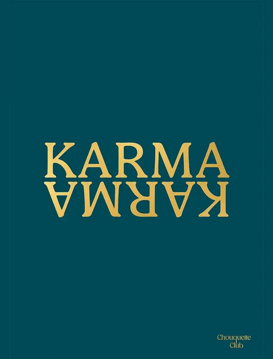 Affiche "Karma", texte doré sur fond bleu canard
