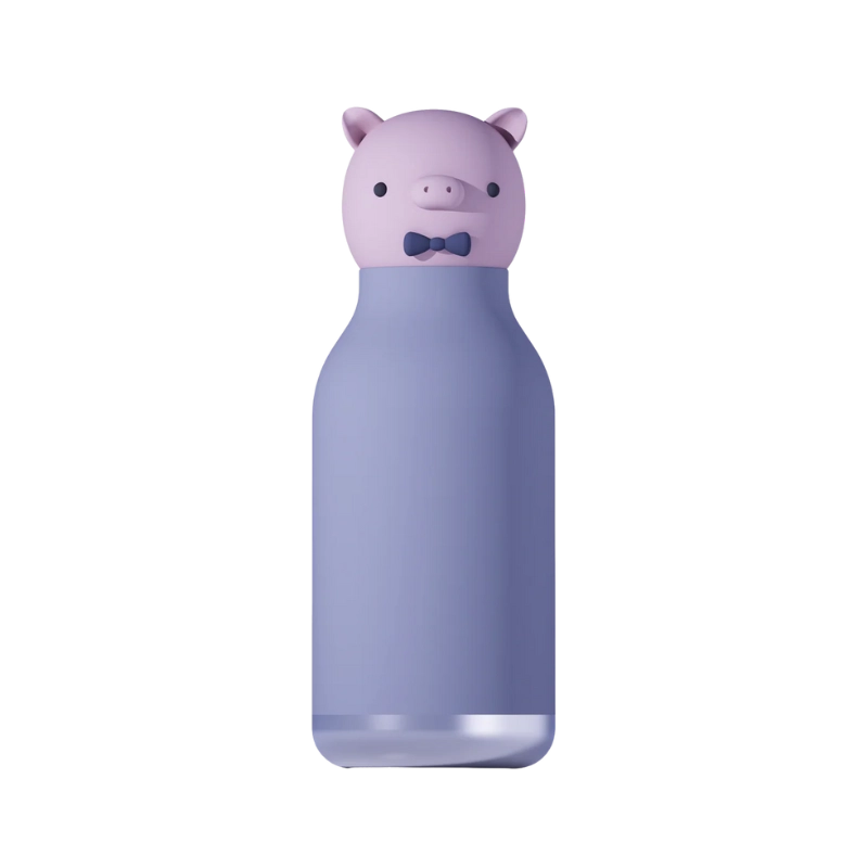 Gourde Bestie Cochon Asobu - Gourde isotherme en inox recouverte de silicone mauve avec tête de cochon 