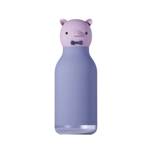 Gourde Bestie Cochon Asobu - Gourde isotherme en inox recouverte de silicone mauve avec tête de cochon 