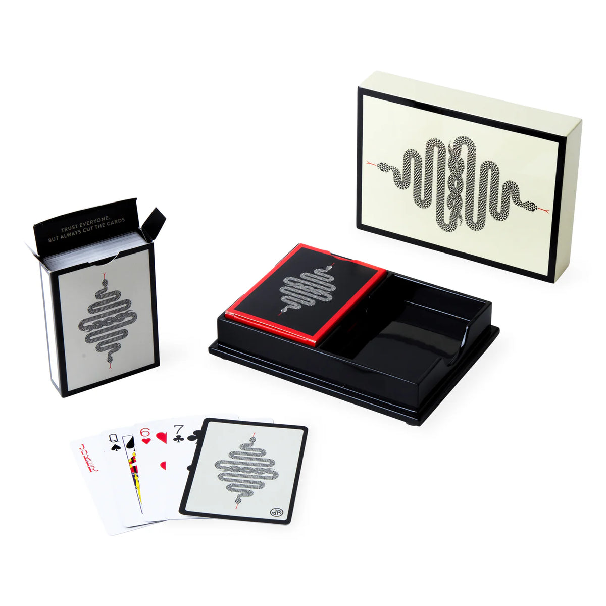 Coffret Eden en bois laqué beige avec motif stylisé de serpent noir contenant 2 jeux de cartes - Jonathan Adler