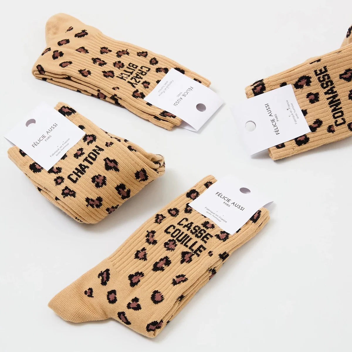 Collection de chaussettes léopard à message Félicie Aussi fabriquées en France