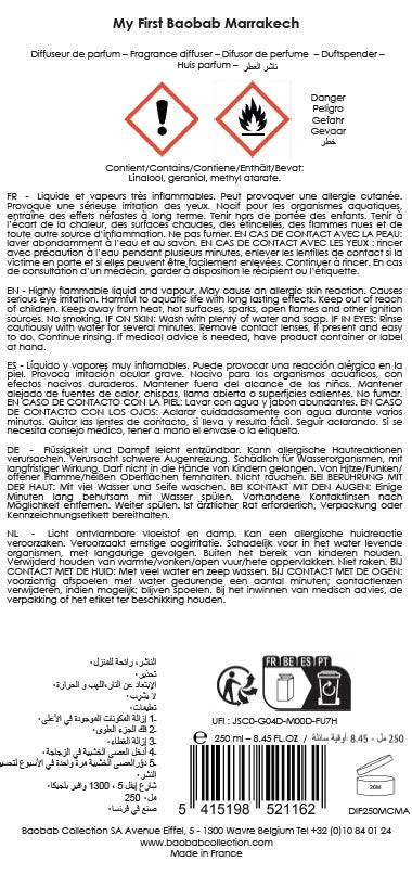 Etiquette du diffuseur Marrakech de Baobab Collection résumant les conseils de sécurité et les allergènes