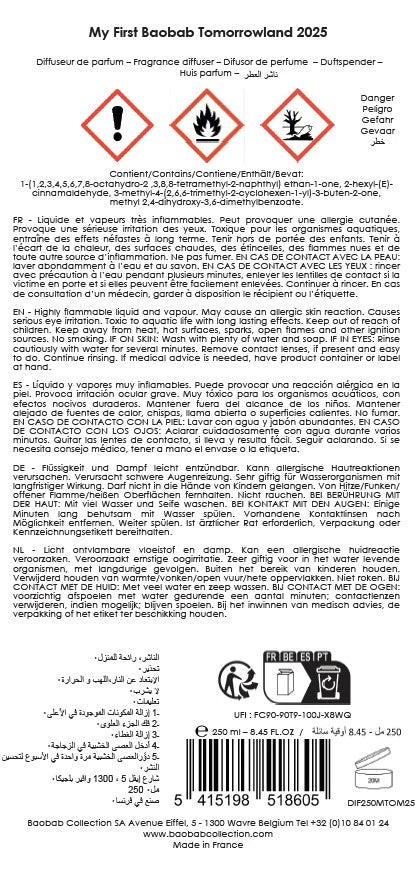 Etiquette du diffuseur Tomorrowland de Baobab Collection résumant les conseils de sécurité et les allergènes