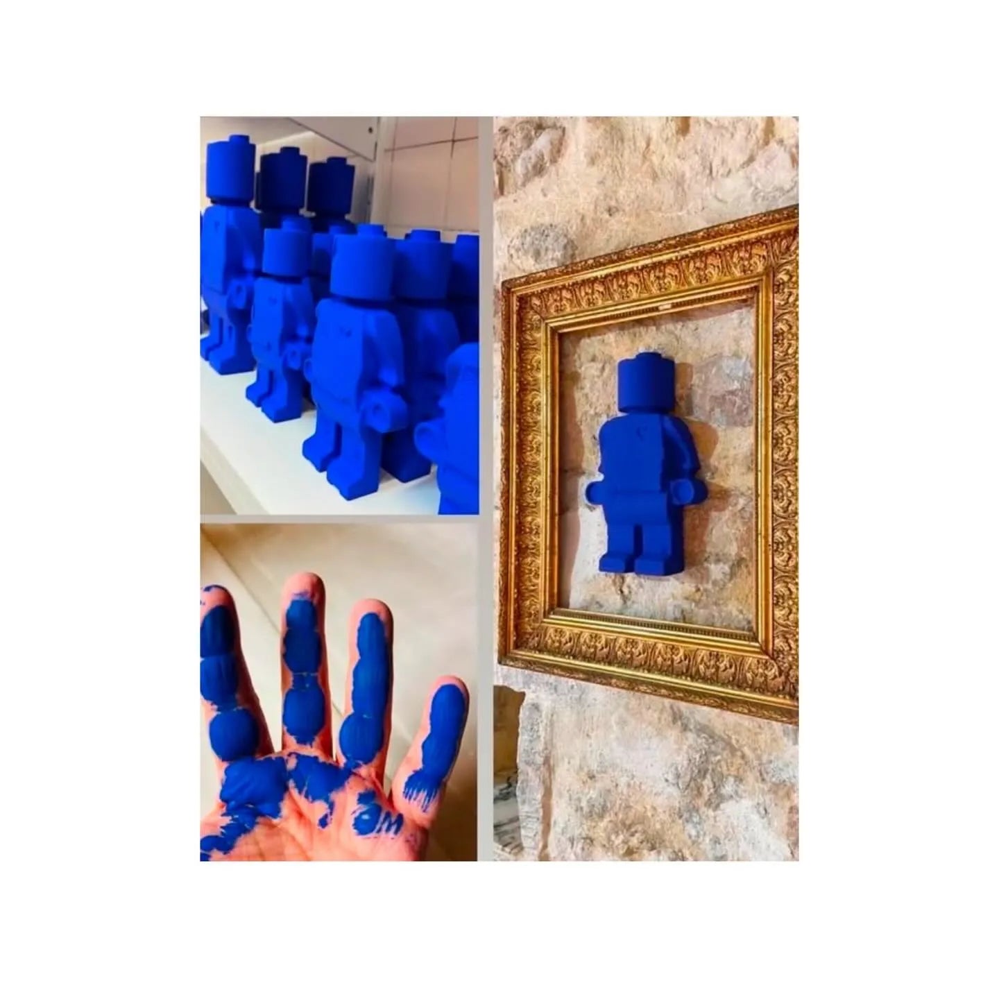 La main de Thalie couverte de peinture bleu Klein entourée des donneurs d'amour de la même couleur