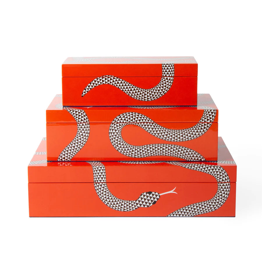 Boîtes Eden Jonathan Adler - boîtes en bois laqué orange ornées de serpent