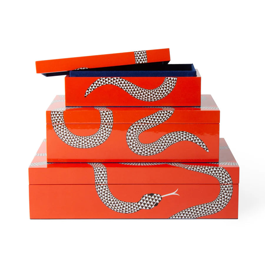 Boîtes Eden Jonathan Adler - boîtes en bois laqué orange ornées de serpent