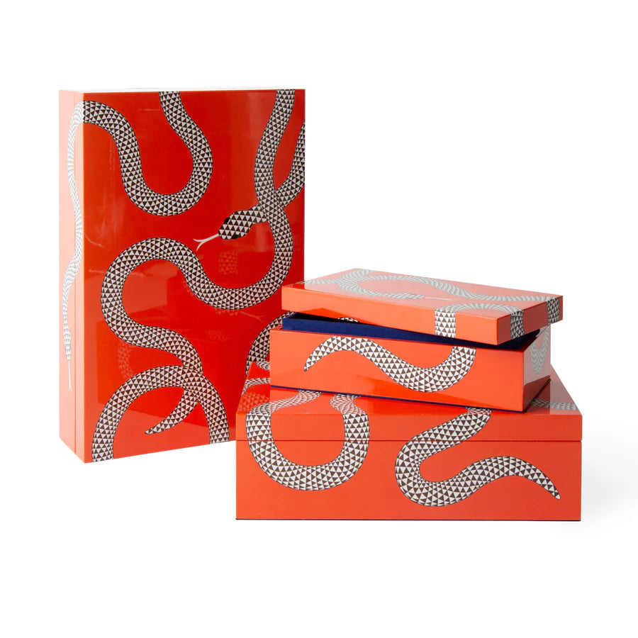 Boîtes Eden Jonathan Adler - boîtes en bois laqué orange ornées de serpent