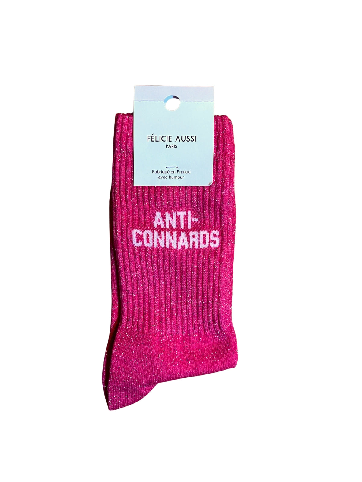 Chaussettes à paillettes Félicie Aussi rose avec message Anti-Connards écrit en rose. Pointure femme 36/40