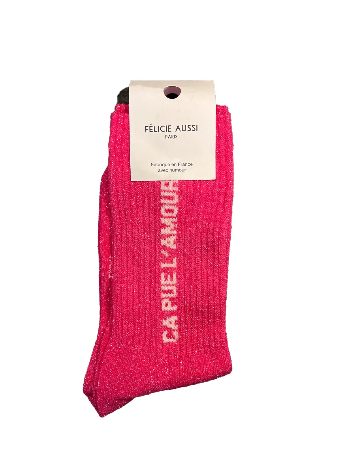 Chaussette paillettes Félicie rose avec message « Ça pue l'amour » écrit en blanc