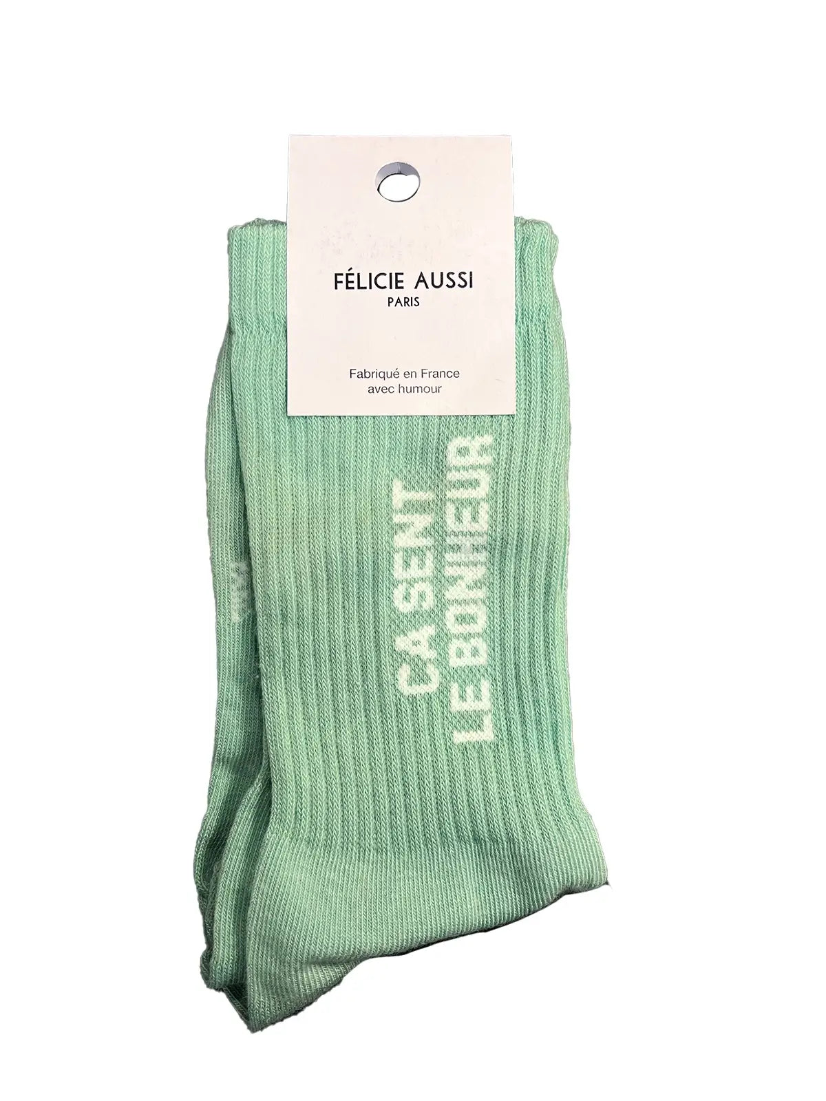 Chaussette Félicie cousue en coton, turquoise à paillettes avec « Ça sent le bonheur » écris en blanc
