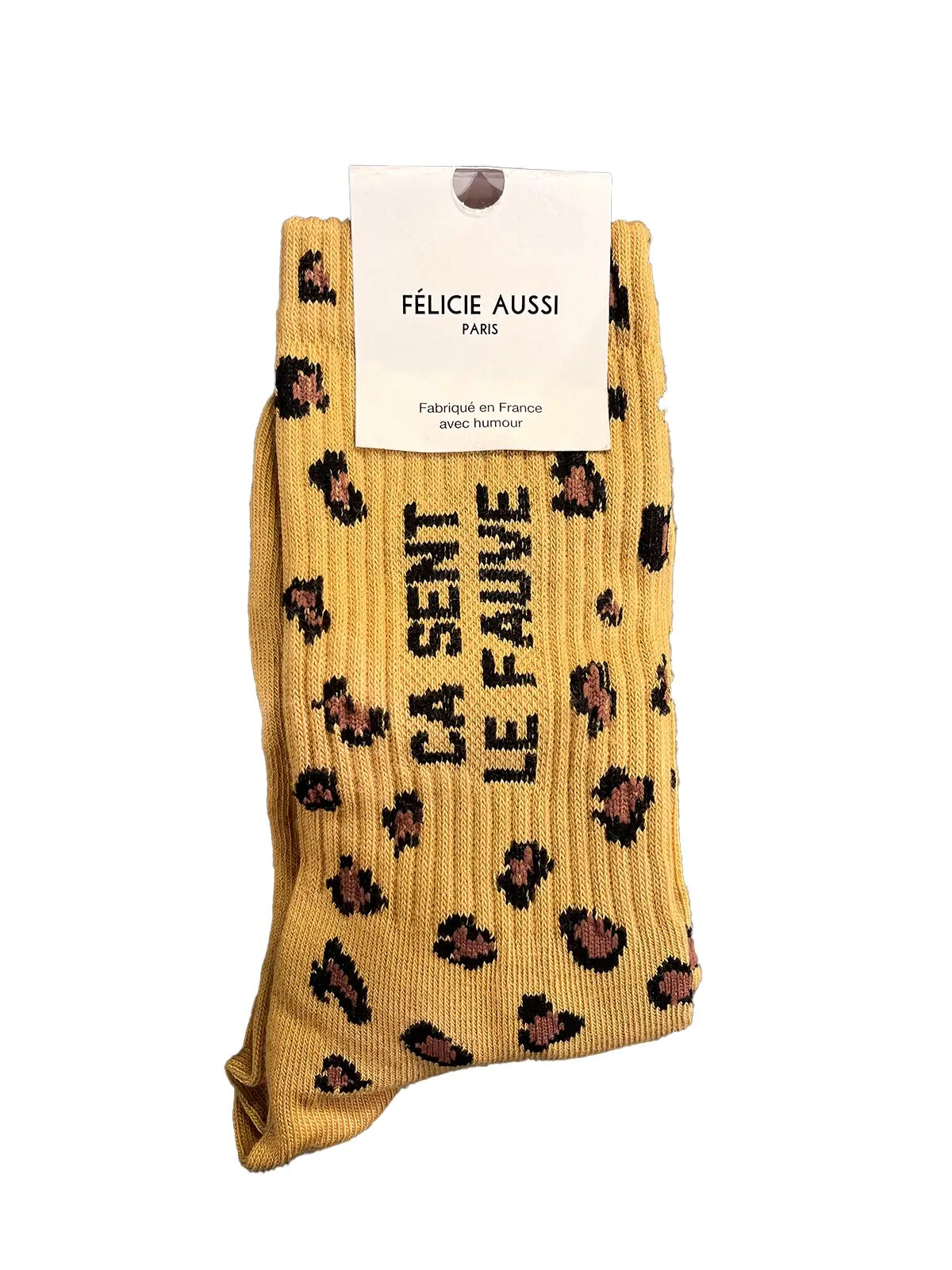 Chaussette léopard Félicie Aussi avec message « Ça sent le fauve » écrit en noir - femme 36/40