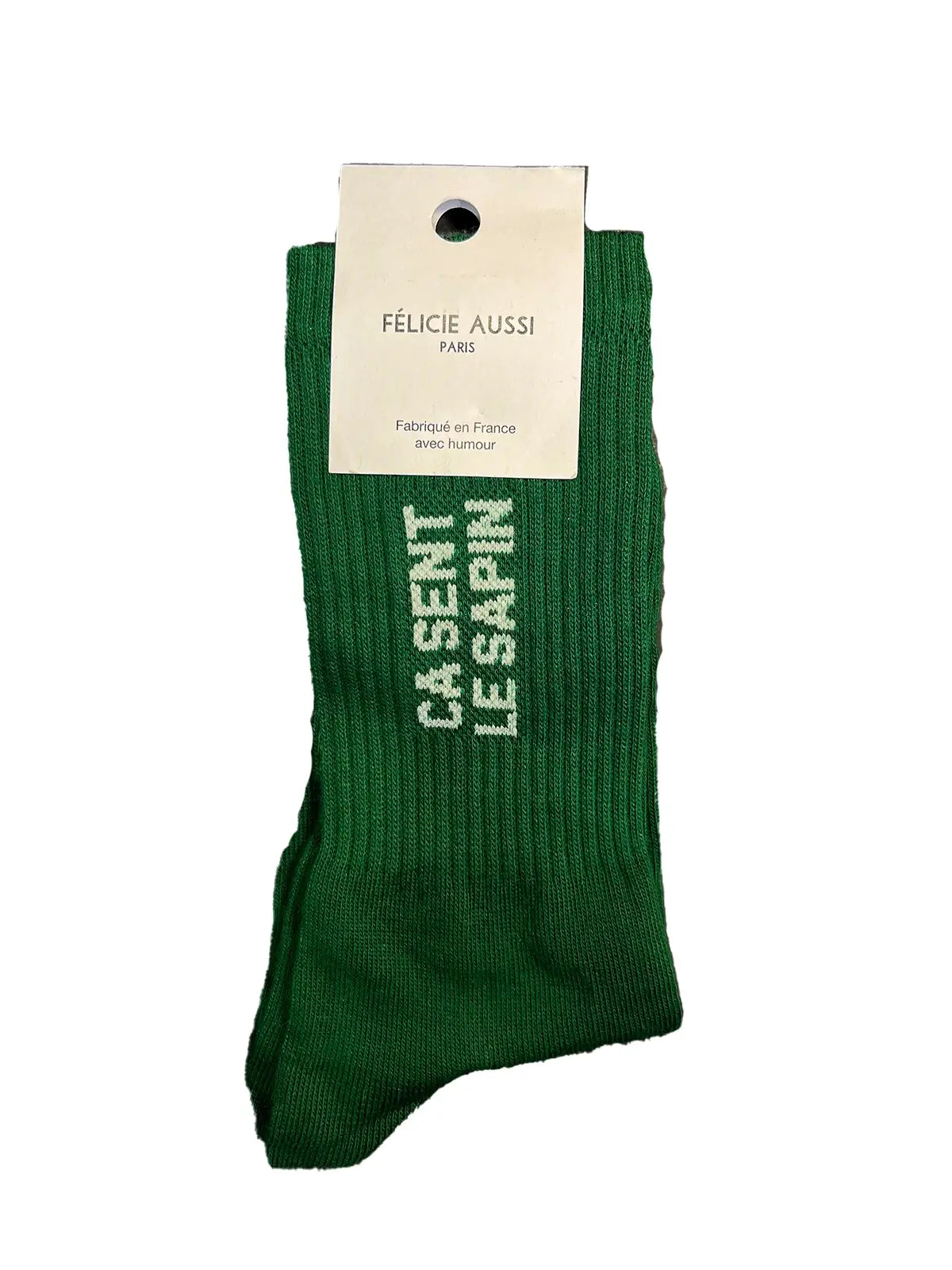 Chaussette Félicie cousue en coton, verte foncée avec « Ça sent le sapin » écris en blanc