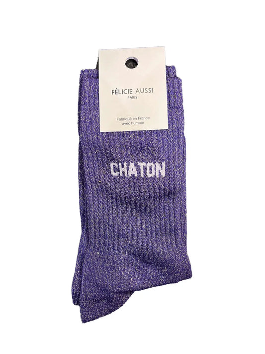 Chaussette Félicie cousue en coton, violette à paillettes avec « Chaton » écris en blanc