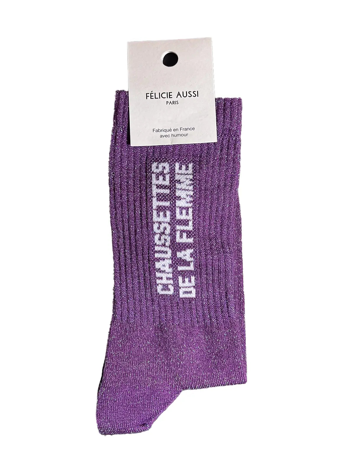 Chaussette paillettes Félicie Aussi en coton, violette avec « Chaussettes de la flemme » écrit en blanc