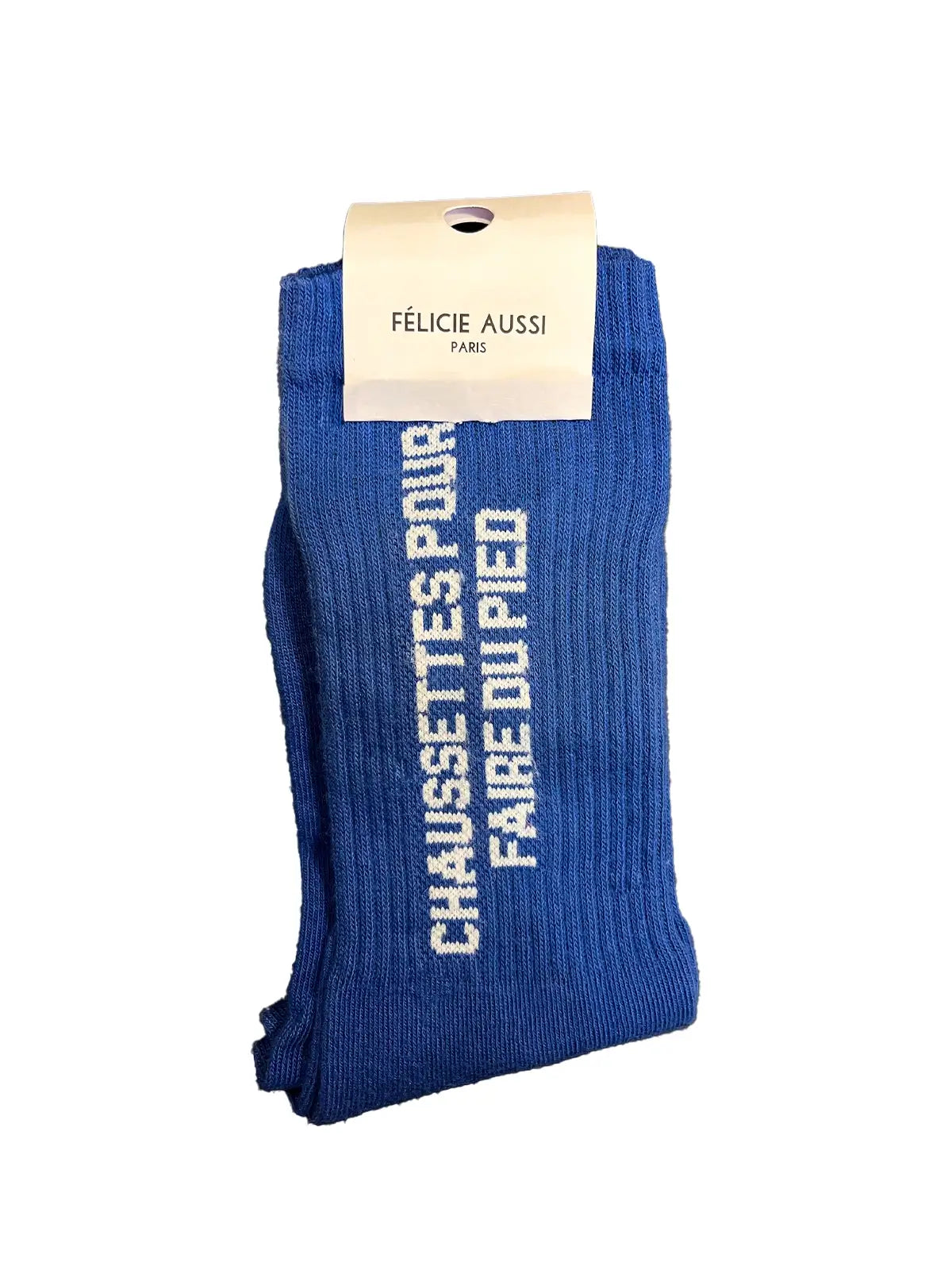 Chaussette Félicie aussi en coton, bleue avec « Chaussettes pour faire du pied » écrit en blanc