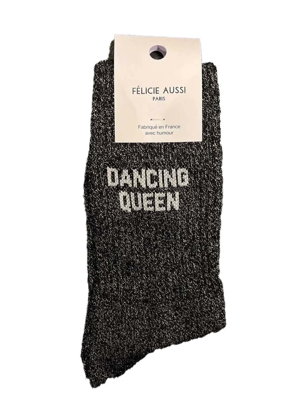 Chaussette Félicie cousue en coton, noire à paillettes avec « Dancing Queen» écris en blanc