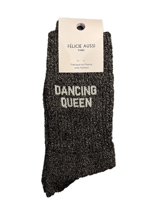 Chaussette Félicie cousue en coton, noire à paillettes avec « Dancing Queen» écris en blanc