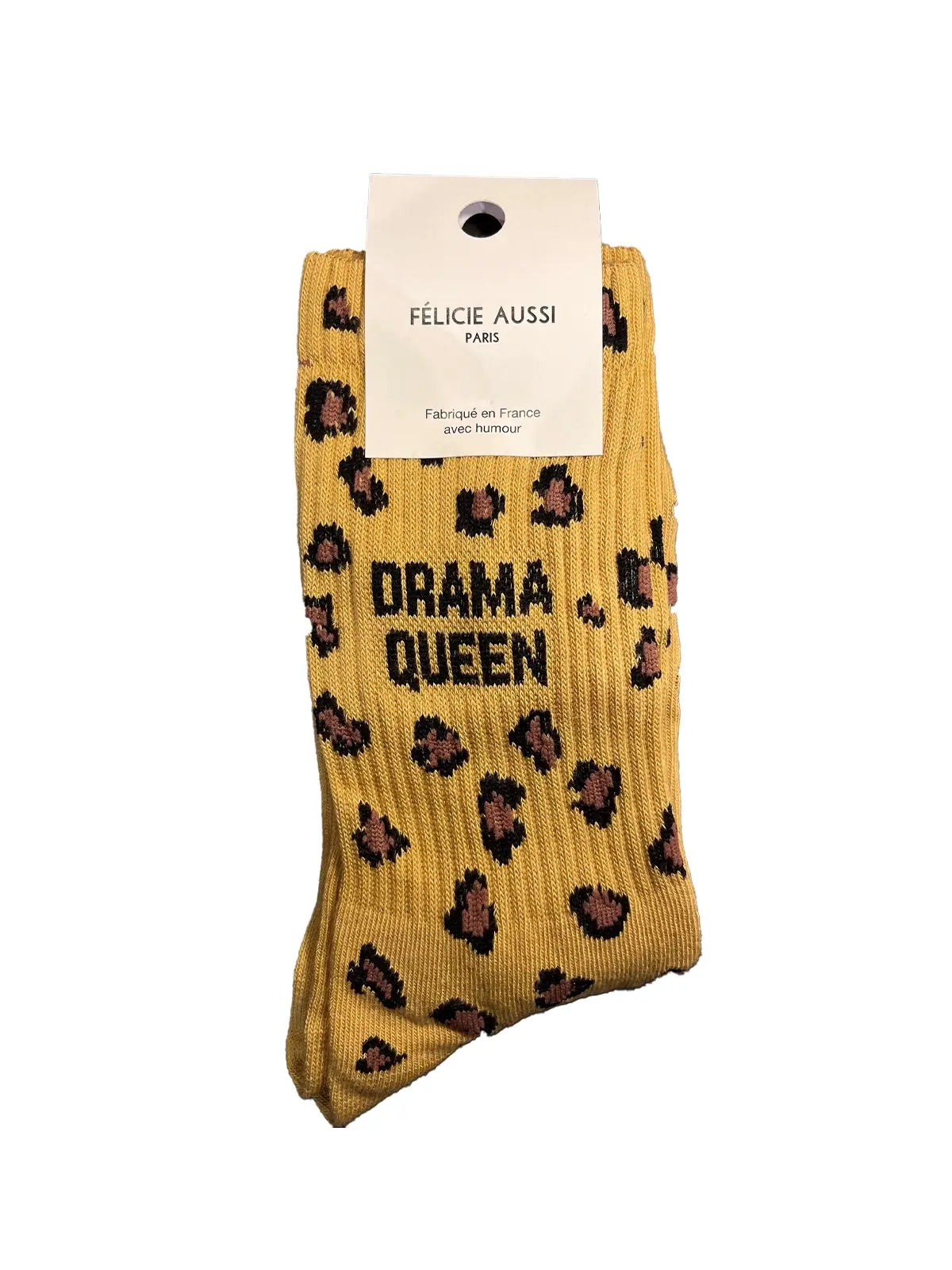 Chaussettes léopard Félicie Aussi en coton avec message « Drama Queen » écrit en noir
