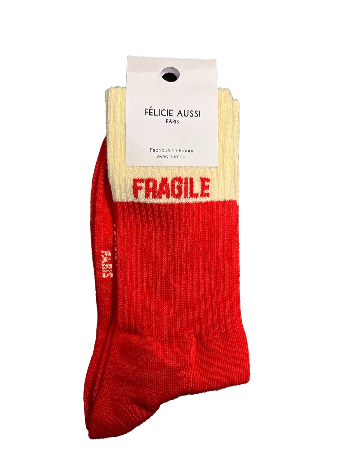 Chaussette Félicie cousue en coton, bicolore rouge et blanc avec « Fragile » écris en rouge