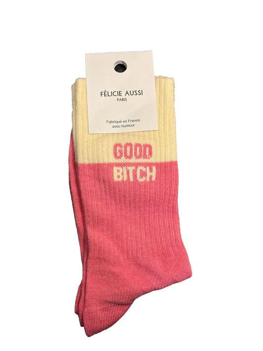 Chaussette Félicie cousue en coton, bicolore blanche et rose avec « Good Bitch » écris en rose et blanc